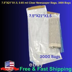 7.5x21x1.5Lip 3000Bags, 0.65 mil Clear Newspaper Bag Heavy Duty Flat Plastic Bag